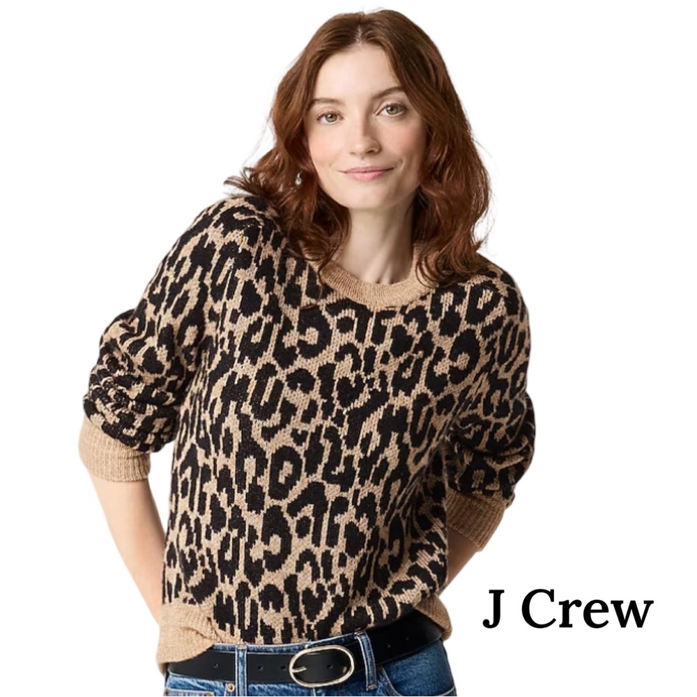 J Crew Leopard Crew Neck Merino Wool Sweater Size Medium